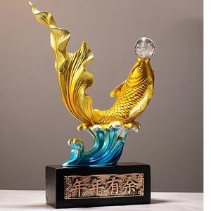 Chinese Feng Shui Jumping Koi Statue, Resin Koi Lucky Figurine with Crystal Ball